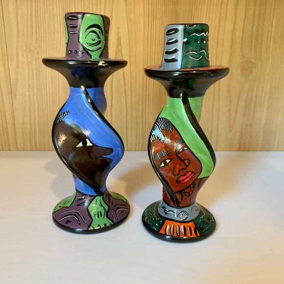 Set of 2 Hand Painted Carved Soapstone Taper Candle Holders - Picture 3 of 8